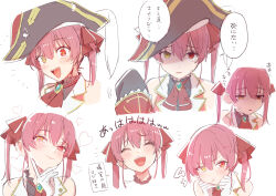 1girl a-ka ascot bicorne black_coat black_hat blush coat cropped_jacket expressions gold_trim hair_ribbon hat heterochromia highres hololive houshou_marine houshou_marine_(1st_costume) jacket long_hair looking_at_viewer multiple_views pirate_hat red_ascot red_eyes red_hair red_jacket red_ribbon ribbon simple_background sleeveless sleeveless_jacket tearing_up translation_request twintails virtual_youtuber white_background yellow_eyes