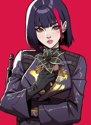 Rule 34 | 1girl, black hair, brown eyes, call of duty, call of duty: mobile, earrings, flower, gloves, highres, holding, holding flower, jewelry, multicolored hair, multiple earrings, oyenpaws, red background, red hair, short hair, tagme, two-tone hair, yoshida rin