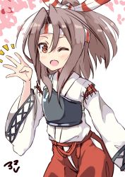 Rule 34 | 10s, 1girl, absurdres, amano kouki, brown eyes, brown hair, headband, highres, japanese clothes, kantai collection, long hair, looking at viewer, muneate, one eye closed, open mouth, ponytail, smile, solo, zuihou (kancolle)