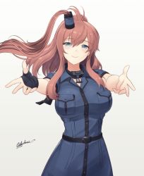 Rule 34 | 1girl, belt, black belt, black dress, blue eyes, breast pocket, breasts, brown hair, closed mouth, dress, fingerless gloves, gloves, gradient background, grey background, highres, kantai collection, large breasts, long hair, looking at viewer, neckerchief, odachu, pocket, saratoga (kancolle), saratoga mk ii (kancolle), side ponytail, sidelocks, simple background, single glove, smokestack hair ornament, solo