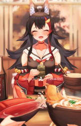 Rule 34 | 1girl, absurdres, alcohol, animal ear fluff, animal ears, black hair, black shirt, blurry, blurry background, blush, bowl, choker, closed eyes, collarbone, commentary request, cup, detached sleeves, facing viewer, fish, hair between eyes, highres, holding, holding bowl, holding cup, hololive, hololive alternative, indoors, inre kemomimi, kitsune udon, long hair, multicolored hair, neckerchief, ookami mio, ookami mio (1st costume), open mouth, out of frame, plate, red choker, red hair, red neckerchief, sakazuki, sake, shirt, sidelocks, sitting, streaked hair, table, two side up, virtual youtuber, window, wolf ears, wolf girl, yunomi