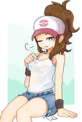 Rule 34 | 1girl, arm support, bare shoulders, blue eyes, blue shorts, breasts, brown hair, cleavage, collarbone, creatures (company), denim, female focus, game freak, half-closed eye, hand up, hat, highres, hilda (pokemon), jaggy lines, looking down, medium breasts, nintendo, nipples, nkrooster, no bra, one eye closed, open mouth, pokemon, pokemon bw, ponytail, see-through, shirt, short shorts, shorts, sigh, simple background, sitting, sleeveless, sleeveless shirt, solo, teeth, white background, white hat, white shirt, wristband