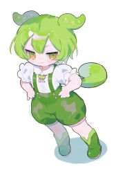 Rule 34 | 1girl, :3, animal ears, blush, cotono (nazekun), green eyes, green footwear, green hair, green shorts, green suspenders, hair between eyes, hands on own hips, highres, long hair, low ponytail, multicolored eyes, orange eyes, puffy short sleeves, puffy sleeves, shadow, shirt, short hair, short sleeves, shorts, simple background, smile, solo, suspender shorts, suspenders, voicevox, white background, white shirt, zundamon