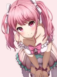 Rule 34 | 1girl, absurdres, bang dream!, blush, breasts, cleavage, dress, frilled dress, frills, from above, hair ribbon, highres, leaning forward, looking at viewer, maruyama aya, medium breasts, noshimurin, pink eyes, pink hair, ribbon, simple background, smile, solo, strapless, strapless dress, twintails