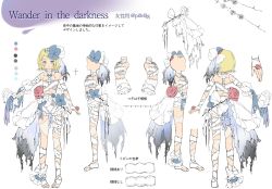 Rule 34 | 1girl, absurdres, asymmetrical clothes, bare shoulders, barefoot, blonde hair, bloomers, blue bow, blue eyes, bone hair ornament, bow, character sheet, collar, concept art, flat chest, flower, frilled collar, frills, from side, hair bow, hair ornament, hairclip, highres, kagamine rin, naked ribbon, neck stitches, oyamada gamata, pigeon-toed, profile, ribbon, ribs, rose, short hair, shoulder blades, skeletal hand, skirt, solo, spine, stitched arm, stitched neck, stitches, thorns, too many, too many frills, too many ribbons, torn clothes, torn skirt, underwear, vocaloid, white ribbon