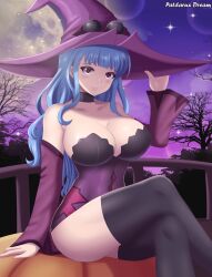 Rule 34 | 1girl, absurdres, alternate breast size, alternate costume, alternate hairstyle, artist name, black choker, black thighhighs, blue hair, blush, breasts, brown eyes, choker, cleavage, closed mouth, commentary, crossed legs, detached sleeves, dress, english commentary, fire emblem, fire emblem: three houses, halloween, halloween costume, hat, highres, large breasts, large hat, long hair, looking at viewer, marianne von edmund, moon, night, night sky, nintendo, patdarux, pumpkin, purple dress, purple hat, sitting, sky, smile, solo, thighhighs, thighs, tree, wavy hair, witch, witch hat