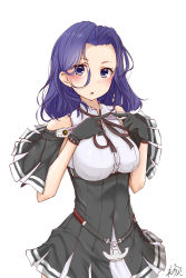 Rule 34 | 1girl, absurdres, anchor, belt, black dress, black gloves, blush, breasts, collared shirt, dress, dress shirt, eyebrows, fingers together, gloves, hair over one eye, highres, index fingers together, kantai collection, large breasts, looking at viewer, medium hair, neckerchief, neve (morris-minicooper), no headwear, open mouth, purple eyes, purple hair, red neckerchief, school uniform, shawl, shirt, simple background, sleeveless, sleeveless dress, solo, tatsuta (kancolle), tatsuta kai ni (kancolle), white background, white shirt