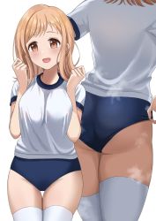 Rule 34 | 1girl, adjusting buruma, adjusting clothes, ass, blue buruma, blush, breast press, breasts, brown eyes, buruma, check commentary, commentary request, dot nose, from behind, good ass day, gym uniform, hands up, highres, idolmaster, idolmaster shiny colors, kamoromance614, large breasts, light brown hair, looking ahead, medium hair, multiple views, open mouth, sakuragi mano, shirt, short sleeves, smile, steaming body, thigh gap, thighhighs, thighs, white background, white shirt, white thighhighs