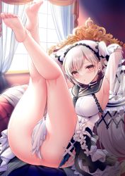 Rule 34 | armpits, ass, ass focus, azur lane, barefoot, breasts, crotch, feathers, feet, formidable (azur lane), formidable (timeless classics) (azur lane), head tilt, highres, legs up, long hair, looking at viewer, no panties, official alternate costume, partially visible vulva, pontaro18, red eyes, sailor collar, sailor senshi uniform, soles, solo, thighs, toes, very long hair, white hair, wings