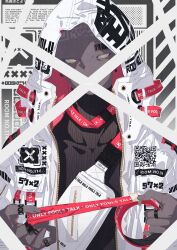 Rule 34 | 1boy, absurdres, barcode, barcode tattoo, black sweater, clothes writing, covered mouth, earrings, english text, fanny pack, goshichi shoji, highres, hood, hood up, hooded jacket, jacket, jewelry, looking at viewer, male focus, multiple rings, original, qr code, ribbed sweater, ring, ringed eyes, solo, sweater, tape, tattoo, turtleneck, turtleneck sweater, upper body, white jacket, yellow eyes, zipper