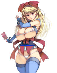 Rule 34 | 1girl, blonde hair, blue gloves, blue thighhighs, bow, bracelet, breasts, bridal gauntlets, cleavage, commentary request, elbow gloves, gloves, hair bow, highres, jewelry, kouno (masao), large breasts, long hair, looking at viewer, nipples, original, red bow, red eyes, see-through, simple background, skindentation, smile, solo, thighhighs, white background