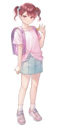Rule 34 | 1girl, arm at side, backpack, bag, brown hair, child, collarbone, commentary, crime prevention buzzer, e (ejkfogksiu sjsial), full body, hair ornament, hairclip, highres, looking at viewer, original, pink eyes, pink shirt, randoseru, shirt, shoes, short hair, short sleeves, simple background, skirt, smile, sneakers, socks, solo, twintails, white background, white socks