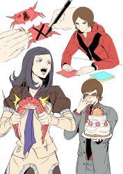 Rule 34 | 1girl, 2boys, absurdres, amano maya, black hair, brothers, brown hair, cake, closed mouth, crab, food, glasses, highres, igusaharu, jacket, multiple boys, necktie, open mouth, origami, persona, persona 2, persona 2 batsu, short hair, siblings, simple background, smile, suou katsuya, suou tatsuya, white background
