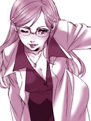 Rule 34 | 1girl, bad id, bad pixiv id, bent over, breasts, cleavage, glasses, jewelry, lab coat, lips, lipstick, long hair, makeup, monochrome, necklace, ni-na, one eye closed, pencil skirt, purple theme, skirt, solo, wink