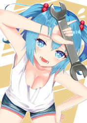 Rule 34 | 1girl, armpits, black pants, blue eyes, blue hair, blush, breasts, cleavage, collarbone, hair bobbles, hair ornament, hand on own ass, hand on own head, hat, unworn hat, unworn headwear, highres, ino cent, kawashiro nitori, leaning forward, looking at viewer, medium breasts, open mouth, pants, shirt, smile, solo, standing, sweatdrop, touhou, twintails, two side up, white shirt, wrench