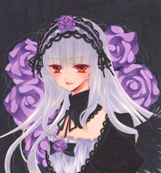 Rule 34 | 1girl, bad id, bad pixiv id, dress, flower, frills, gothic lolita, hairband, lilyvanilla, lolita fashion, lolita hairband, looking at viewer, purple flower, purple rose, red eyes, rose, rozen maiden, silver hair, smile, solo, suigintou, traditional media