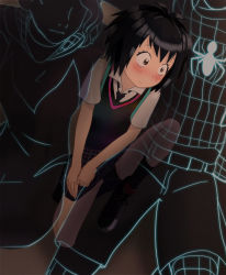 Rule 34 | 1boy, 2girls, artist request, bike shorts, black hair, blush, brown eyes, ceiling, closed mouth, embarrassed, gwen stacy, leg up, looking to the side, marvel, miles morales, multiple girls, necktie, on ceiling, peni parker, school uniform, shoes, short hair, short sleeves, silhouette, skirt, skirt push, skirt tug, socks, spider-gwen, spider-man: into the spider-verse, spider-man (series), spider-verse, wide-eyed