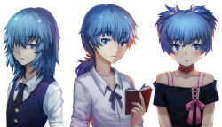 Rule 34 | 10s, 1boy, androgynous, ansatsu kyoushitsu, bare shoulders, blue eyes, blue hair, blush, book, bow, bra strap, collar, collarbone, collared shirt, cross-laced clothes, crossdressing, hair bow, hair over one eye, highres, holding, holding book, long hair, looking at viewer, looking away, male focus, multiple persona, neck ribbon, necktie, off shoulder, open book, ponytail, ribbon, shaded face, shiota nagisa, shirt, short hair, short twintails, simple background, tanotomoe, trap, twintails, upper body, vest, white background, white shirt