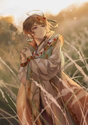 Rule 34 | 1boy, absurdres, ahoge, aqua coat, arabian clothes, blurry, blurry background, brown hair, cherry biluo (the tale of food), chinese clothes, chinese commentary, circlet, coat, cowboy shot, crying, crying with eyes open, daisy, dusk, flower, gem, gold trim, gradient clothes, gradient coat, head chain, highres, holding, holding flower, jewelry, long sleeves, looking to the side, male focus, parted lips, pink coat, puffy long sleeves, puffy sleeves, purple eyes, rachelee618, red gemstone, reeds, robe, sleeveless, sleeveless coat, solo, standing, swept bangs, tassel, tears, the tale of food, white flower, white robe