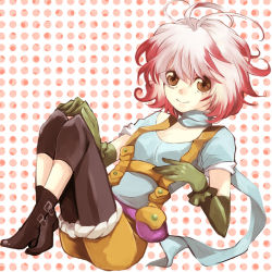 Rule 34 | 1girl, ahoge, bad id, bad pixiv id, blue shirt, brown eyes, full body, gloves, multicolored hair, pants, pascal (tales), red hair, scarf, shirt, shoes, short hair, shorts, shuu (shu-nm), sitting, smile, solo, tales of (series), tales of graces, white hair