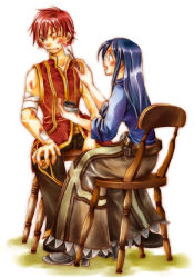 Rule 34 | 1boy, 1girl, bandaged arm, bandages, belt, blood, blue hair, blush, boots, chair, crusader (ragnarok online), frills, high heel boots, high heels, holding, injury, long hair, long skirt, long sleeves, looking at another, looking away, on chair, pants, ragnarok online, red hair, shirt, shoes, simple background, sitting, skirt, sleeveless, sleeveless shirt, swordsman (fgo516824681), vest, white background, wizard, wizard (ragnarok online), worried