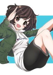 Rule 34 | 1girl, :d, akiyama yukari, bad id, bad twitter id, black skirt, blue background, brown eyes, brown hair, casual, champion (company), collaboration, commentary request, drawstring, floating, girls und panzer, green jacket, highres, hood, hood down, hoodie, jacket, leg up, letterboxed, logo, long sleeves, looking at viewer, medium skirt, messy hair, open clothes, open jacket, open mouth, outline, ruruepa, shiina excel, shirt, short hair, skirt, smile, solo, white outline, white shirt, zipper