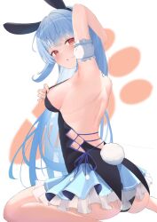 Rule 34 | 1girl, animal ears, arm up, armpits, arms behind back, ass, backless dress, backless outfit, bare back, black dress, black panties, blue hair, blue skirt, blush, breasts, clothes pull, commentary, detached sleeves, dress, dress pull, embarrassed, fake animal ears, fake tail, frilled skirt, frills, highres, hololive, long hair, looking at viewer, median furrow, medium breasts, miniskirt, nakaniwa (sugooi usagi), official alternate costume, panties, parted lips, pleated skirt, presenting armpit, puffy detached sleeves, puffy short sleeves, puffy sleeves, rabbit-shaped pupils, rabbit ears, rabbit girl, rabbit tail, red eyes, ribs, see-through, see-through skirt, short sleeves, sideboob, sitting, skirt, solo, symbol-shaped pupils, tail, thick eyebrows, underwear, usada pekora, usada pekora (furi furi bunny dress), virtual youtuber, wariza, white background