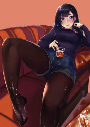 Rule 34 | 1girl, alcohol, black hair, blue eyes, blush, breasts, couch, cup, drinking glass, hand on own face, highres, kagematsuri, lips, long hair, looking at viewer, lying, medium breasts, mole, mole under mouth, no shoes, open mouth, original, pantyhose, shorts, smile, solo, sweater, wet, wet clothes, wet pantyhose, whiskey