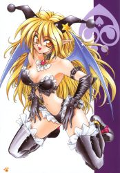Rule 34 | 1girl, amaori tatsuki, blonde hair, boots, bustier, collar, curly hair, demon wings, elbow gloves, frills, gloves, highres, kneeling, lingerie, long hair, orange eyes, pointy ears, pretty cats showtime, solo, star (symbol), thighhighs, underwear, very long hair, wings