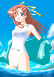 Rule 34 | 1girl, beach, blouse, braid, cloud, day, jacket, one-piece swimsuit, open clothes, open shirt, outdoors, red hair, school swimsuit, shirt, sky, solo, swimsuit, wading, white school swimsuit, white one-piece swimsuit