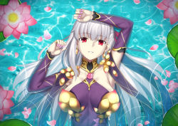 Rule 34 | 1girl, armlet, armor, bare shoulders, bikini armor, bracelet, breasts, collar, collarbone, dark sakura, detached sleeves, dress, earrings, fate/grand order, fate (series), floral print, flower, hair ribbon, halterneck, jewelry, kama (fate), kama (second ascension) (fate), large breasts, lily pad, long hair, looking at viewer, lotus, lying, matou sakura, metal collar, mishiro (ixtlolton), on back, parted lips, possessed, possession, purple dress, purple sleeves, purple thighhighs, red eyes, revision, ribbon, ring, silver hair, thighhighs, water