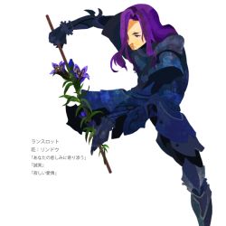 Rule 34 | 1boy, armor, bad id, bad pixiv id, berserker (fate/zero), fate/zero, fate (series), flower, kuroihato, long hair, male focus, partially translated, purple eyes, purple hair, simple background, solo, spoilers, staff, translation request, white background