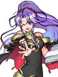 Rule 34 | 1girl, bare shoulders, betabetamaru, black dress, black feathers, blue ribbon, book, cape, dress, earrings, feathers, fire emblem, fire emblem: genealogy of the holy war, fire emblem heroes, hair ornament, hair ribbon, hairband, highres, holding, holding book, jewelry, long hair, looking at viewer, magic, nintendo, official alternate costume, one eye closed, open mouth, outstretched hand, ponytail, purple eyes, purple hair, red hairband, ribbon, sidelocks, solo, tailtiu (fire emblem), teeth, twitter username, upper teeth only, very long hair, white background