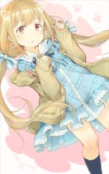 Rule 34 | 1girl, black socks, blue bow, blue dress, blush, bow, brown cardigan, brown eyes, cardigan, collared dress, commentary request, drawn ears, drawn whiskers, dress, face filter, futaba anzu, gomennasai, hair bow, hands up, idolmaster, idolmaster cinderella girls, idolmaster cinderella girls starlight stage, kneehighs, light brown hair, long hair, long sleeves, low twintails, open cardigan, open clothes, parted lips, plaid, plaid dress, sleeves past wrists, socks, solo, striped, striped bow, twintails, very long hair, whiskers