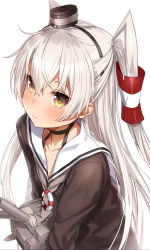 Rule 34 | 1girl, 1other, amatsukaze (kancolle), brown dress, commentary request, dress, from side, hair tubes, hat, highres, kantai collection, lifebuoy, long hair, looking at viewer, mini hat, rensouhou-kun, sailor dress, silver hair, simple background, smokestack hair ornament, swim ring, takanashi kei (hitsujikan), thighhighs, two side up, upper body, white background