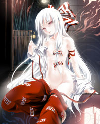 Rule 34 | 1girl, bamboo, bow, breasts, clothes pull, dress shirt, female focus, flat chest, fujiwara no mokou, glowing, hair bow, hair ribbon, head tilt, highres, lantern, long hair, namamo nanase, no bra, nude, off shoulder, open clothes, open mouth, open shirt, pants, pants pull, pulled by self, red eyes, ribbon, shirt, solo, suspenders, touhou, undressing, very long hair, white hair