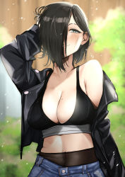 Rule 34 | 1girl, absurdres, black hair, black jacket, black pantyhose, blue eyes, blush, breasts, cleavage, closed mouth, hair over one eye, hand in own hair, highres, jacket, large breasts, looking at viewer, midriff, mole, mole on breast, navel, open clothes, open jacket, original, pantyhose, presenting shoulder, pupi (rain prophet), see-through, see-through legwear, short hair, smile, solo, upper body