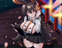 Rule 34 | 1girl, adjusting hair, animal ears, azur lane, blurry, blurry background, blush, breasts, brown hair, chikuma (azur lane), commentary request, hair ornament, highres, large breasts, long hair, looking at viewer, mole, mole under mouth, petals, rabbit ears, sideboob, smile, solo, tonchinkan, yellow eyes