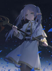 Rule 34 | 1girl, absurdres, belt, black pantyhose, blue eyes, blue petals, capelet, cowboy shot, drop earrings, earrings, elf, frieren, grey hair, highres, holding, holding staff, jewelry, looking at viewer, mage staff, nogi lace, pantyhose, pointy ears, shirt, skirt, solo, sousou no frieren, staff, standing, striped clothes, striped shirt, twintails, white capelet, white skirt
