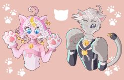 Rule 34 | 1boy, 1girl, absurdres, android, animal ears, animal hands, bell, cat ears, collar, colored skin, fang, grey skin, heart, heart-shaped pupils, highres, neck bell, no straight roads, pink skin, sayu (no straight roads), symbol-shaped pupils, whisker marks