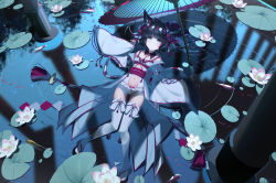 Rule 34 | 1girl, absurdres, animal ear fluff, animal ears, black hair, blue eyes, cat ears, center opening, expressionless, full body, highres, japanese clothes, kimono, knees together feet apart, long hair, lying, miko, nta (drapa box10), obi, on back, one-piece swimsuit, open clothes, open kimono, original, partially submerged, ponytail, sandals, sash, solo, swimsuit, swimsuit under clothes, thigh gap, thighhighs, umbrella, water, white kimono, white one-piece swimsuit, white thighhighs