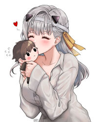 Rule 34 | 1girl, breasts, brown hair, buttons, closed eyes, collarbone, commander (nikke), commentary, english commentary, goddess of victory: nikke, grey hair, heart, highres, holding, holding stuffed toy, hoshiberuu, kiss, large breasts, long hair, long sleeves, modernia (first affection) (nikke), modernia (nikke), parted lips, shirt, simple background, solo, stuffed toy, upper body, white background, white shirt