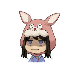 Rule 34 | 1girl, animal ears, animal hat, blue shirt, brown eyes, brown hair, bunny day, collared shirt, douki-chan (douki-chan), fake animal ears, ganbare douki-chan, hat, highres, lanyard, shirt, simple background, solo, translation request, white background, yomu (sgt epper)