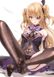 Rule 34 | 1girl, ass, bae.c, bare shoulders, black dress, black gloves, blonde hair, bow, bowtie, breasts, brown thighhighs, cameltoe, detached sleeves, dress, eyepatch, feet, fine fabric emphasis, fischl (genshin impact), fishnets, garter straps, genshin impact, gloves, green eyes, hair ornament, hair over one eye, highres, indian style, long hair, long sleeves, looking at viewer, medium breasts, no shoes, open mouth, revealing clothes, simple background, single glove, single leg pantyhose, single thighhigh, sitting, solo, thighhighs, thighs, two side up, white background