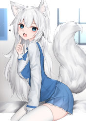 Rule 34 | 1girl, :3, :d, absurdres, animal ears, blouse, blue eyes, blush, border, breasts, commentary, english commentary, fangs, finger to cheek, hair between eyes, heart, highres, indie virtual youtuber, indoors, kanju, large breasts, looking at viewer, lumi (merryweather), open mouth, second-party source, shirt, silver hair, sitting, skindentation, smile, solo, tail, thighhighs, virtual youtuber, white border, white shirt, white thighhighs, window, wolf ears, wolf girl, wolf tail