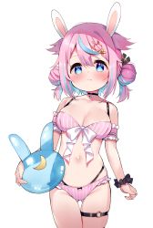 Rule 34 | 1girl, absurdres, animal ears, bare shoulders, bikini, black scrunchie, blue eyes, blue hair, blush, bow, breasts, cleavage, closed mouth, commentary request, crescent, double bun, frilled bikini, frills, gluteal fold, groin, hair between eyes, hair bun, hair ornament, hairclip, highres, holding, indie virtual youtuber, looking at viewer, medium breasts, meito (maze), mitsuki shio, multicolored hair, navel, pink bikini, pink hair, rabbit ears, rabbit hair ornament, scrunchie, simple background, solo, streaked hair, striped bikini, striped clothes, swimsuit, thigh gap, transparent, two-tone hair, vertical-striped bikini, vertical-striped clothes, virtual youtuber, white background, white bow, wrist scrunchie, x hair ornament