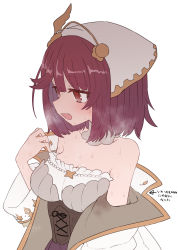 Rule 34 | 1girl, arrow (symbol), atelier (series), atelier sophie, bare shoulders, breasts, cleavage, fang, heavy breathing, highres, looking away, medium breasts, open mouth, red eyes, red hair, short hair, simple background, solo, sophie neuenmuller, sumiyao (amam), sweat, translation request, upper body, white background, white headwear