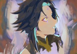 Rule 34 | 1boy, black hair, clivenzu, eyeshadow, from side, genshin impact, highres, makeup, male focus, multicolored hair, parted lips, solo, streaked hair, upper body, xiao (genshin impact), yellow eyes