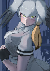 1girl black_gloves black_hair blush breasts closed_mouth collared_shirt fingerless_gloves gloves green_eyes grey_hair grey_shirt hair_between_eyes head_wings highres john_(a2556349) kemono_friends kemono_friends_3 large_breasts long_hair looking_at_viewer multicolored_hair necktie shirt shoebill_(kemono_friends) short_sleeves shorts sidelocks solo tail wet wet_clothes wings