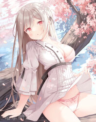 Rule 34 | 1girl, blush, bow, bra, breasts, brown hair, cherry blossoms, cleavage, clothes lift, d:, dress, dress lift, frilled panties, frills, groin, groin tendon, hair ornament, hair ribbon, hoshino koucha, in tree, lifted by self, light blush, long sleeves, looking to the side, medium breasts, midriff, miniskirt, navel, open clothes, open dress, open mouth, original, panties, pink bra, pink panties, pleated dress, pleated skirt, red eyes, ribbon, sidelocks, sitting, sitting in tree, skirt, skirt lift, solo, thighs, tree, unbuttoned, unbuttoned dress, underwear, upskirt, waist bow